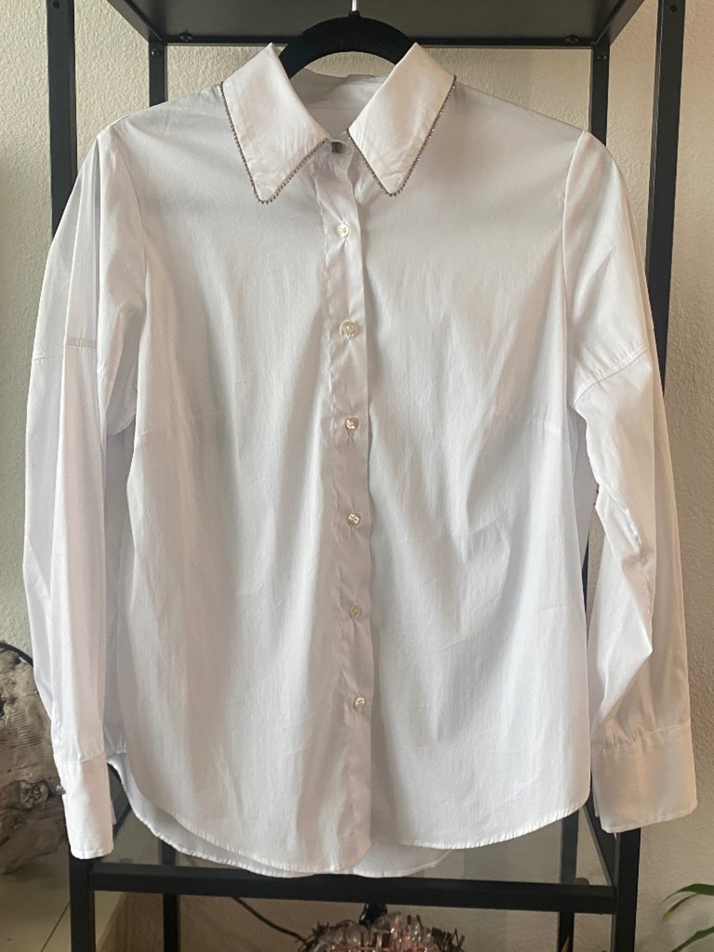 Vilagallo White Blouse, Rhinestone Trim Collar Long Sleeve Button Down - Sz 40